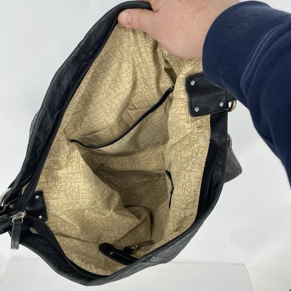 Ellington Black Embossed Leather Hobo Shoulder Bag Slouch Purse Boho Large